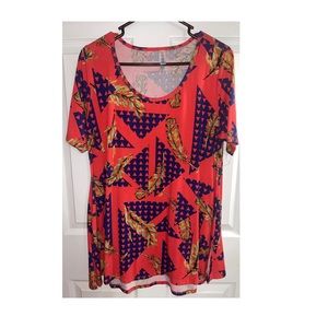 LuLaRoe Perfect T Women's Top - Size m Orange Navy Gold Feathers